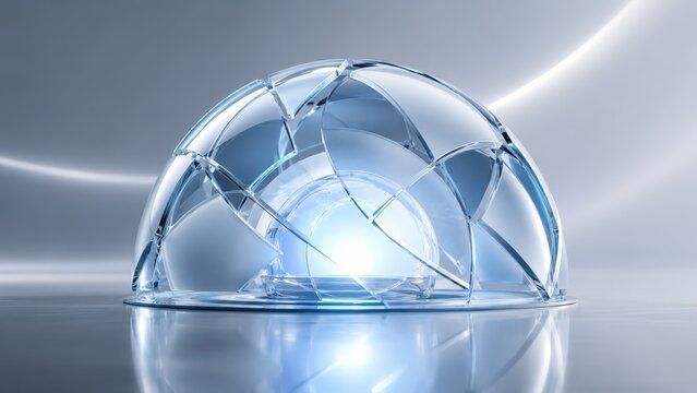 A transparent, dome-shaped glass structure with cracked segments emits a glowing blue light on a reflective surface with a sleek, modern background.