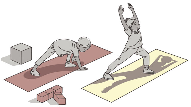 Two children doing yoga poses on colorful mats in isometric view
