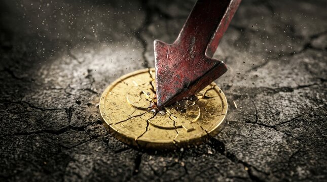 Heavy red downward arrow smashing and cracking a golden dollar coin on dry earth, representing financial crisis, stock market crash, economic recession, investment loss, and business failure.