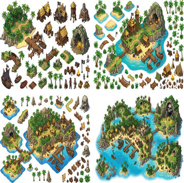 Isometric pirate island game assets, tropical Caribbean village map creator kit, fantasy coastal landscape vector elements for mobile gaming