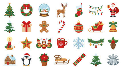 Fototapeta premium Festive Christmas Icons Collection Set Santa Claus Reindeer Sleigh Gifts Tree Ornaments Snow Globe Celebratory Holiday Symbols