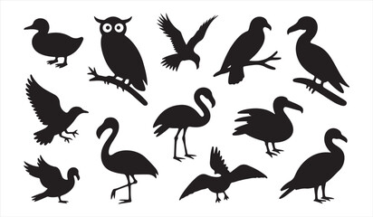 Fototapeta premium Collection of bird silhouettes featuring owl, flamingo, eagle and duck in flat vector style