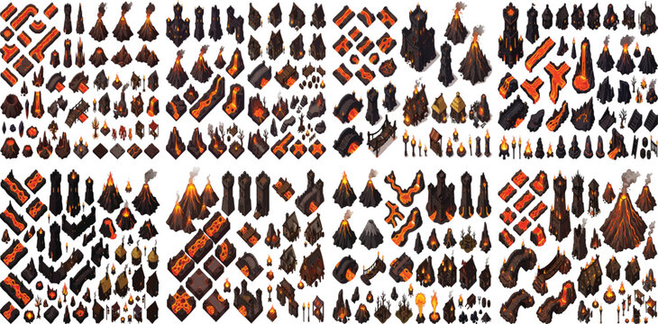 Isometric fantasy game assets, medieval dungeon building blocks and environment props vector set, dark stone architecture for RPG level design