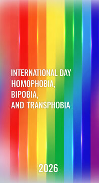 Rainbow stripes with white text declaring International Day Homophobia, Biphobia, and Transphobia, 2026, symbolizing pride and inclusivity