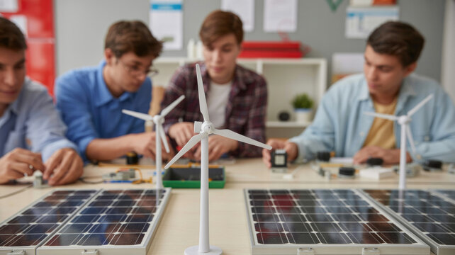 Students Collaborating on Solar Panel Project in Modern Classroom with Focused Teamwork
