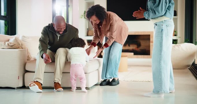 Baby, walking and house with excited family for first steps, balance support and proud moment. Applause, parents and daughter with toddler guidance, teaching coordination and milestone encouragement