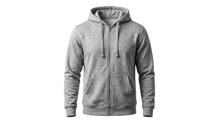 Mockup of grey blank sweatshirt with zipper, design template of a sports jacket with a hood for presentation, isolated on a transparent background, male model © ATIQULISLAM