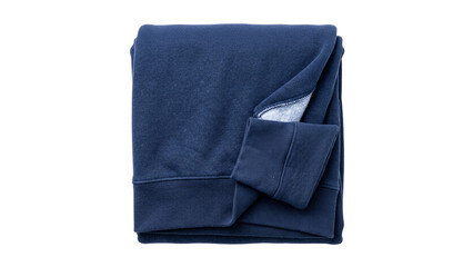 Folded navy blue sweatshirt top view isolated on transparent background neatly stacked cotton pullover garment for retail display clothing store inventory mockup dark blue textile fabric © ATIQULISLAM
