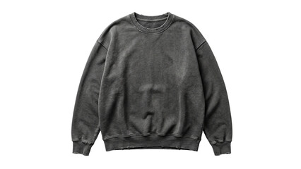 Vintage charcoal grey crewneck sweatshirt isolated on transparent background washed black fleece pullover apparel mockup oversized streetwear garment top view with distressed texture look © ATIQULISLAM