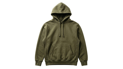 Olive green hoodie mockup isolated on transparent background classic military green sweatshirt with front pocket and hood for clothing design display neutral tone streetwear apparel item © ATIQULISLAM