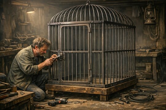 A person works on building a birdcage in a well-lit workshop