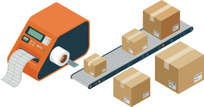 Isometric shipping label printer and conveyor belt system with cardboard packages, warehouse automation, logistics technology and parcel delivery process