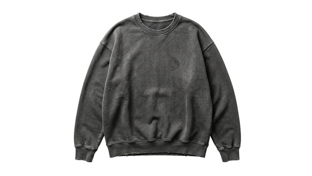 Vintage charcoal grey crewneck sweatshirt isolated on transparent background washed black fleece pullover apparel mockup oversized streetwear garment top view with distressed texture look