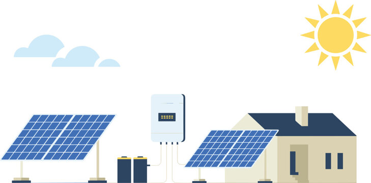 Minimalist solar energy system illustration with photovoltaic panels, residential renewable power setup, sustainable electricity and clean energy concept