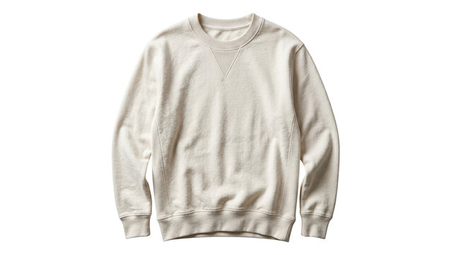 Plain beige crewneck sweatshirt mockup isolated on transparent background for apparel branding design presentation comfortable cotton jersey fabric blank clothing top unisex loungewear item wear