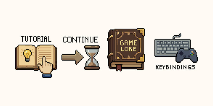 Pixel art sets of RPG game UI menu icons set featuring tutorial guide, continue hourglass, game lore book, and keybindings controls.