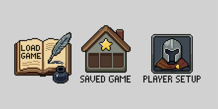 Pixel art sets of fantasy RPG game UI menu icons set for load game, saved game slot, and player setup screen.