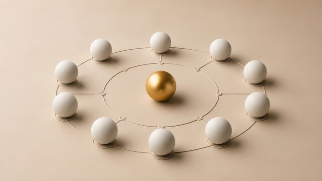 A central golden sphere surrounded by white spheres linked in a circular network, symbolizing connection, leadership, and centrality in a minimalist setup.
