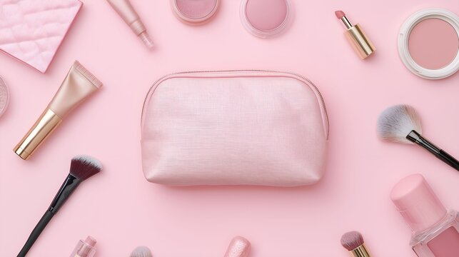 A cosmetic bag centered on a clean pink background, showcasing minimalist product design.