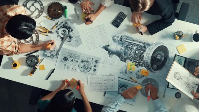 Top view of smart engineer team in casual cloth talking about turbine engine structure at table with metal gear, calculator, sticky notes. Group of technician taking a note in meeting. Alimentation.
