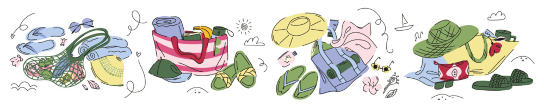 A set of beach bags for accessories for a holiday on the seashore, compositions with bags, books, flip-flops and panama hats