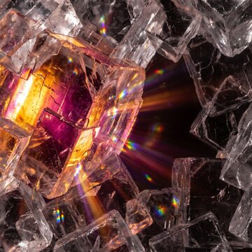 Quantum Battery Ionic Crystal Lattice Matrix. Macro View of Halite Crystals with Intense Amber Prism Light Refraction. 8K UHD