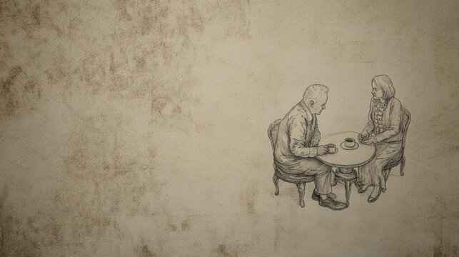Hand-drawn sketch of elderly couple seated at a table, enjoying coffee, against a sepia backdrop