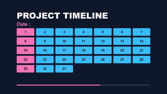 Digital project timeline graphic illustrating business planning and scheduling with a calendar display of dates and a progress bar on a dark background, symbolizing organized task management