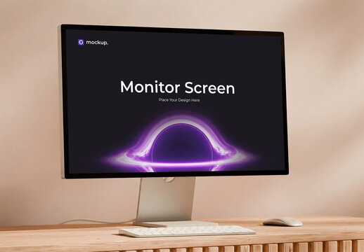 Modern Desktop Monitor Screen Mockup on Wooden Desk
