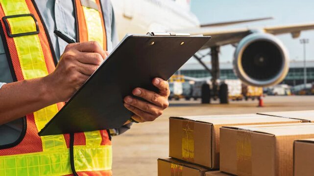 A close-up shot of an airport logistics worker checking shipping boxes on a clipboard near a jet.