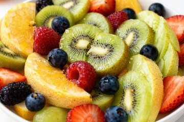 Obraz premium Mixed fruit slices arranged in bowl for fresh snack