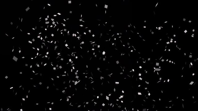 Computer animation of silver confetti exploding on black background. Concept of celebration, birthday, congratulations, party, event, holiday, overlay, decoration and festival.