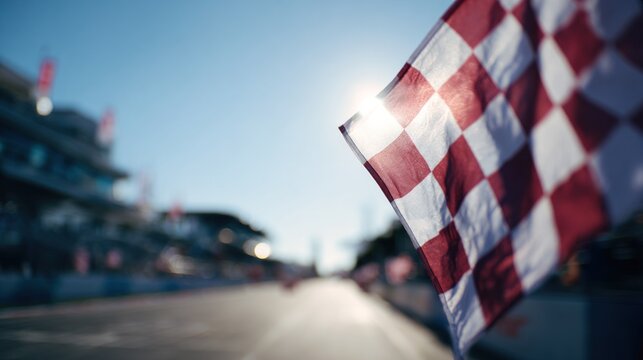 Checkered flag waves at the finish line of F1 race during sunny day with clear blue sky above