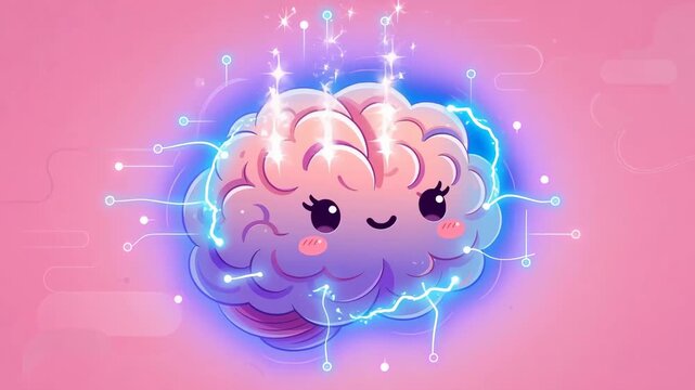 Smiling cartoon brain with tech lin
es in cute art style on pink backdrop, concept of creativity and innovation