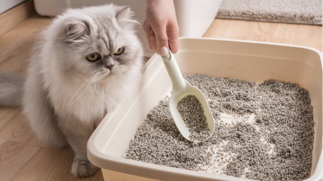 A person removes clumps from a cat litter box while a Persian cat observes