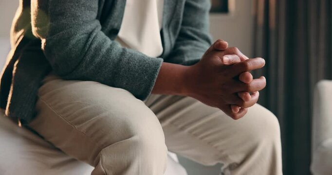 Person, hands and bed with anxiety in home for stress, nervousness or self regulation. Waiting, anticipation and fidgeting with ADHD or tension for habit, coping mechanism or mental health in house