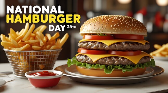 Celebrate national hamburger day delicious stacked burger with fries ketchup may 28th