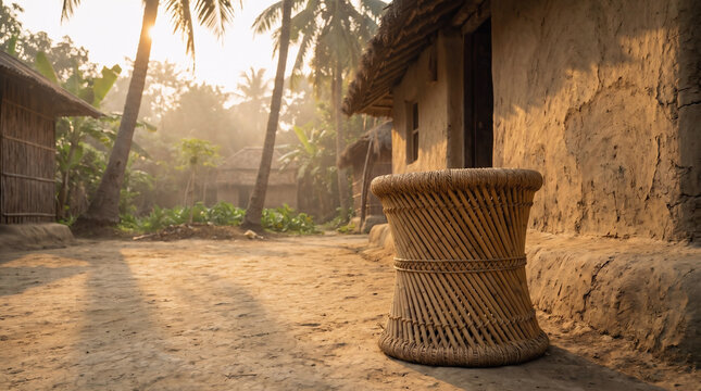 Handcrafted round bamboo stool placed on sandy earth in a rural village setting at sunset, with traditional mud huts in the background, featuring an authentic, textured surface and organic design aest