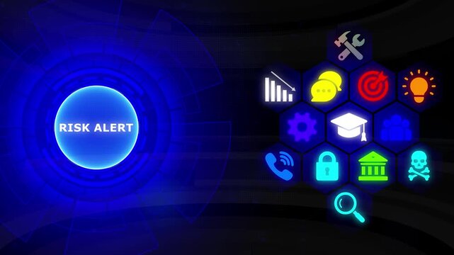 Risk alert digital interface with glowing cybersecurity and business