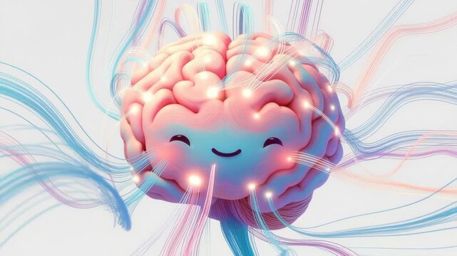 Smiling stylized brain with glowing neural lines in cartoon style on light background, concept of creativity and cognition