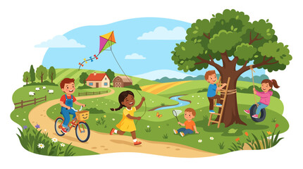 Naklejka premium Joyful kids play in park with kite, swing and bike, outdoor summer scene