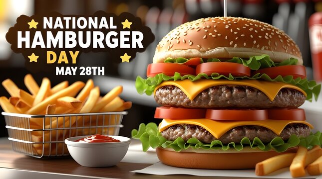 Celebrate national hamburger day delicious stacked burger with fries ketchup may 28th
