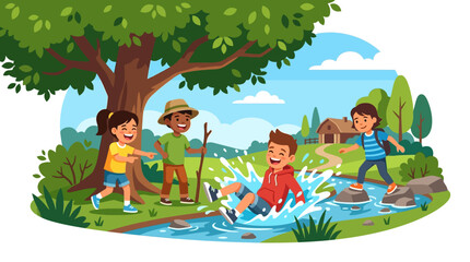 Naklejka premium Joyful kids playing in stream, outdoor adventure, cartoon illustration