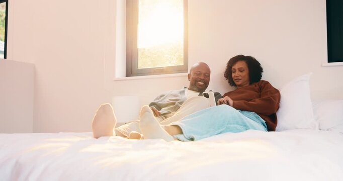 Phone, bedroom and happy couple with online search, planning or subscription in home. Talking, bonding and man and woman with mobile app or website for holiday choice, weekend or vacation ideas