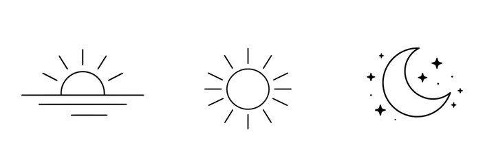 Minimal time of day icon set featuring morning, noon, and night symbols. Clean flat SVG design ideal for weather apps, scheduling, and daily cycle interfaces. © puntip_a