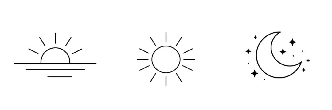 Minimal time of day icon set featuring morning, noon, and night symbols. Clean flat SVG design ideal for weather apps, scheduling, and daily cycle interfaces.