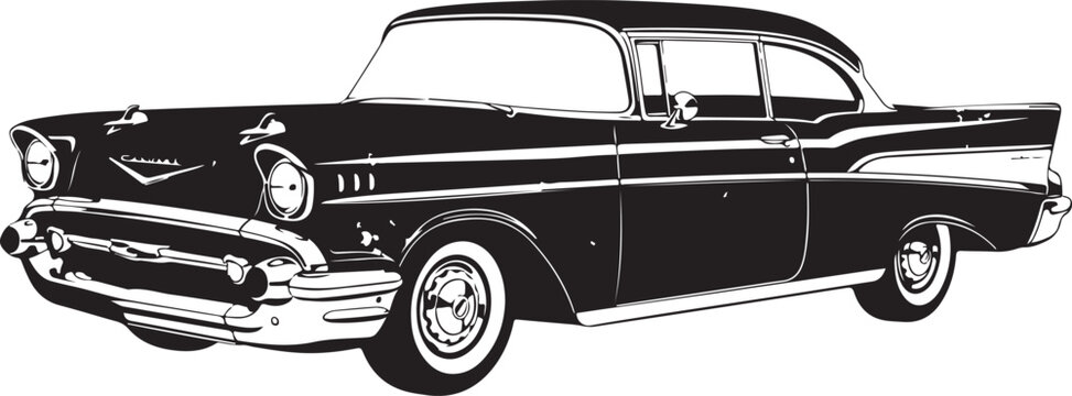 Classic retro black and white graphic vector illustration of a vintage American muscle car from the nineteen fifties isolated on a solid white background