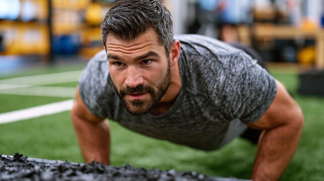Male athlete performing sled push on turf in performance training facility, low athletic stance, effort expression, body recomposition sports performance phase, strength conditioning, turf gym, comp