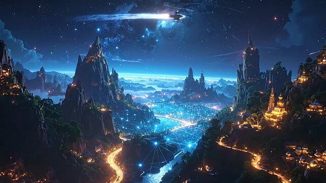 A futuristic digital network connects a glowing mountain valley city