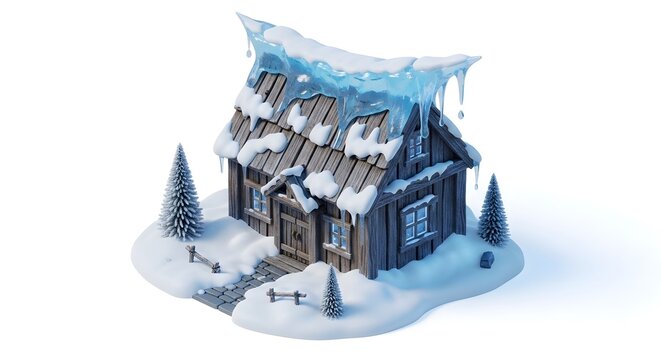 3D Isometric Winter Wood Cabin with Blue Ice and Snow Details